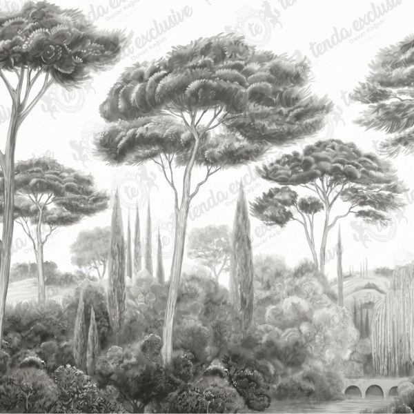 Karakalem Çizim Siyah Beyaz Orman Duvar Kağıdı