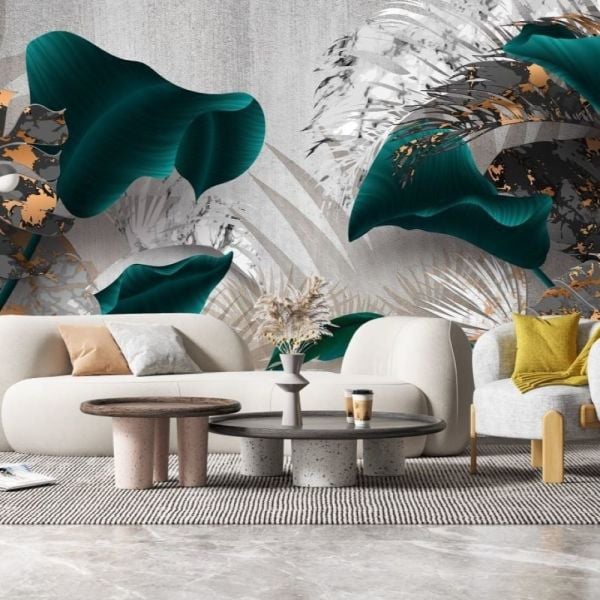 Kadife Efektli Büyük Yeşil Yapraklar Duvar Kağıdı