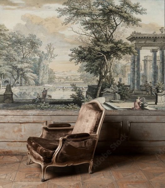 Rönesans Avlu Mavi Tonlarda Sütunlu Duvar Kağıdı