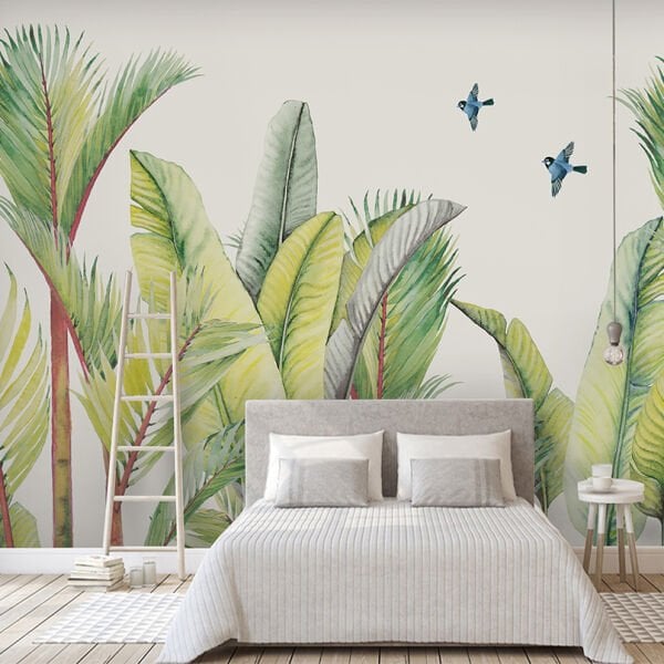 Büyük Egzotik Yapraklar Mavi Kuşlar Duvar Kağıdı