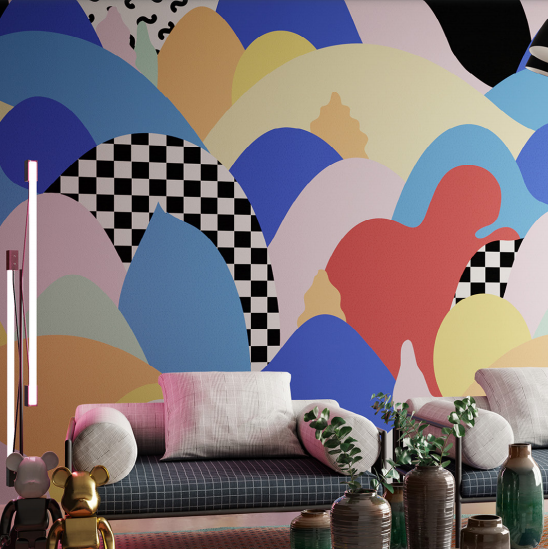 Geometrik Renkli Retro Desenli Duvar Kağıdı
