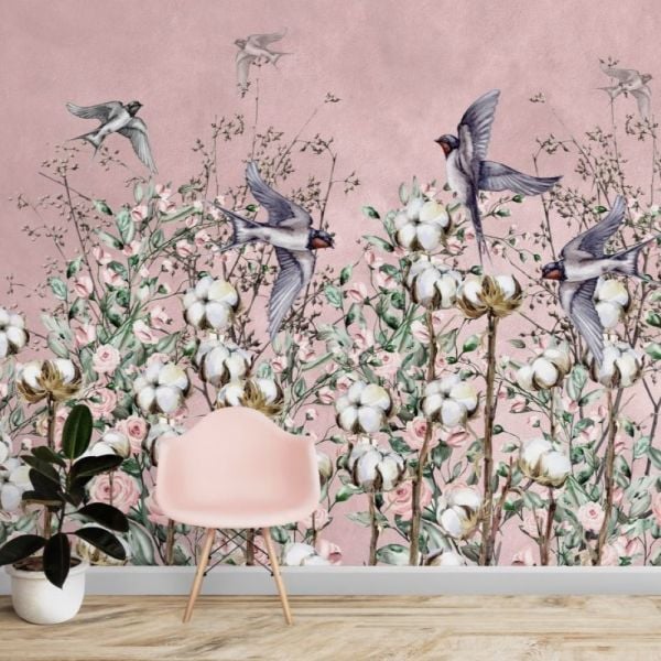 Pamuk Çiçekleri Kırlangıçlar Duvar Kağıdı