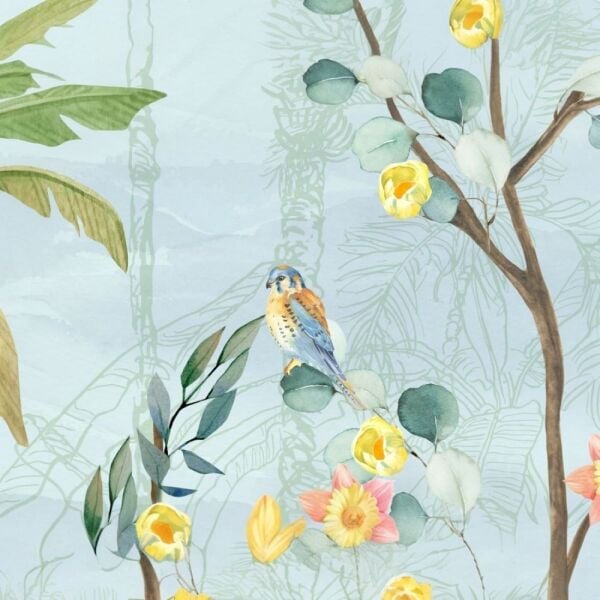 Mavi Zeminde Pamuk Çiçekleri Mutlu Çocuk Duvar Kağıdı