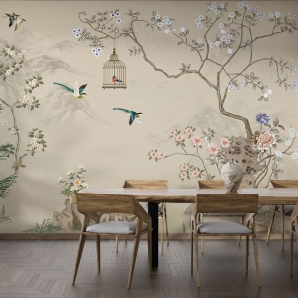 Sakura Çiçekler Kuşlar Duvar Kağıdı