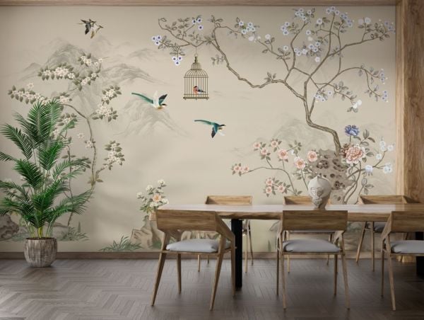 Sakura Çiçekler Kuşlar Duvar Kağıdı