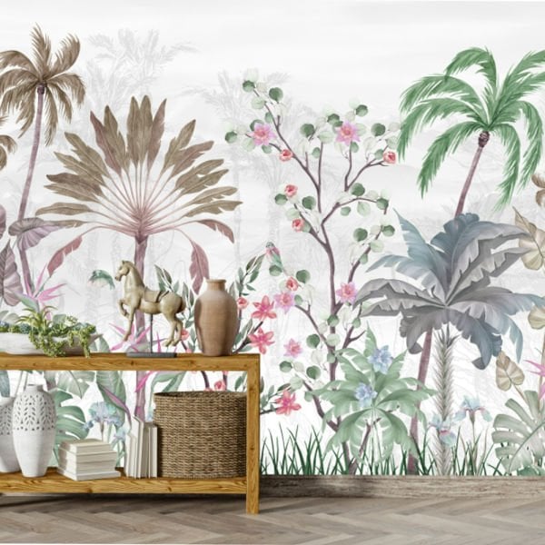 Gri Zeminde Pamuk Çiçekleri Mutlu Çocuk Duvar Kağıdı