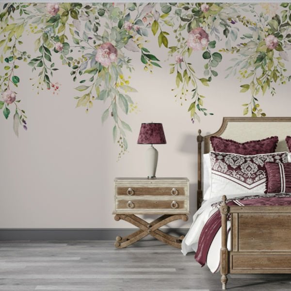 Pembe Çiçek ve Renkli Yapraklar Duvar Kağıdı