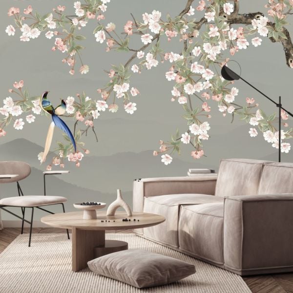 Sakura Çiçekler Kuşlar Tasarım Duvar Kağıdı