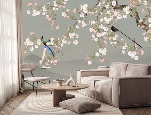 Sakura Çiçekler Kuşlar Tasarım Duvar Kağıdı