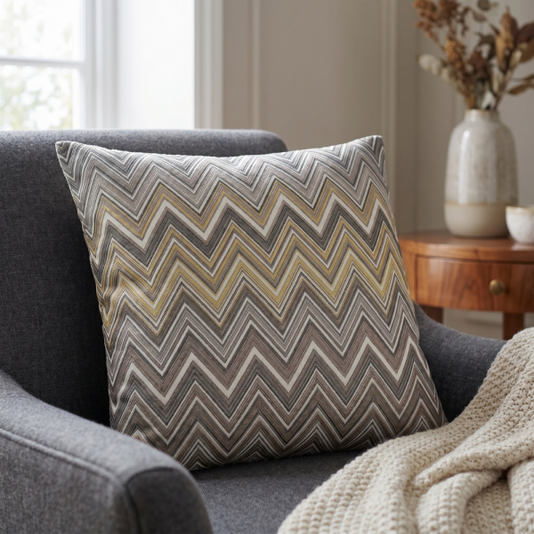 Altın Işıltılı Antrasit Zigzag Desenli Dekoratif Yastık