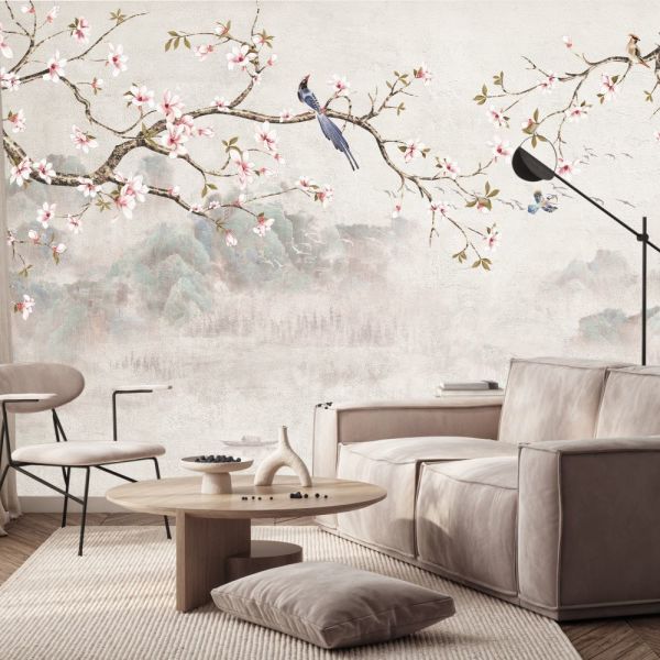 Karlı Dağlar Soft Çiçekler Kuş Duvar Kağıdı