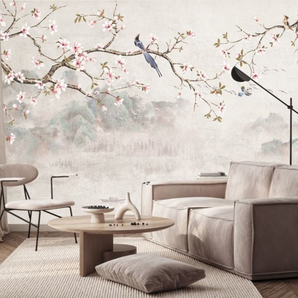 Karlı Dağlar Soft Çiçekler Kuş Duvar Kağıdı