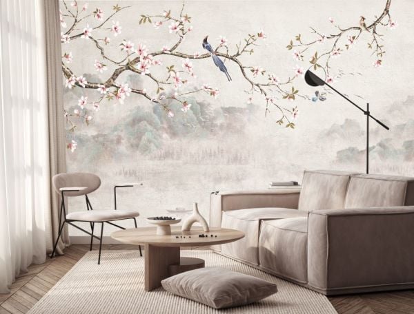 Karlı Dağlar Soft Çiçekler Kuş Duvar Kağıdı