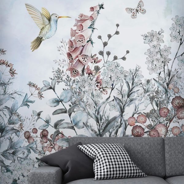 Tropik Bitkiler Kuş Kelebek Duvar Kağıdı