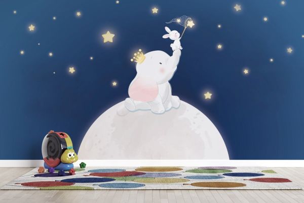 Uva Dolunay Üzerinde Fil Çocuk Duvar Kağıdı