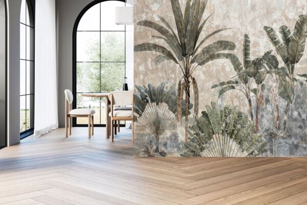 Doğadan Tropik Bitkiler Ve Eskitme Zemin Tasarım Duvar Kağıdı