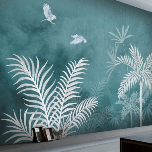 Turkuaz Zeminde Ağaçlar Papağan Duvar Kağıdı
