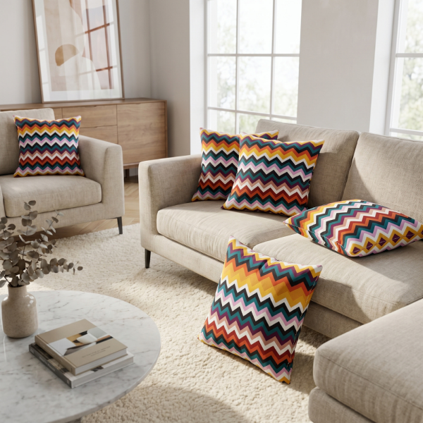 Retro Renk Patlaması Zigzag Desenli Dekoratif Yastık