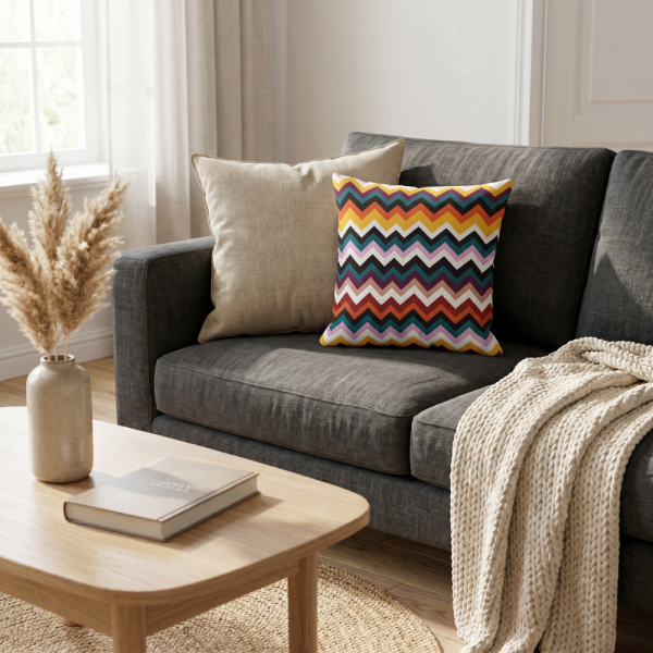 Retro Renk Patlaması Zigzag Desenli Dekoratif Yastık