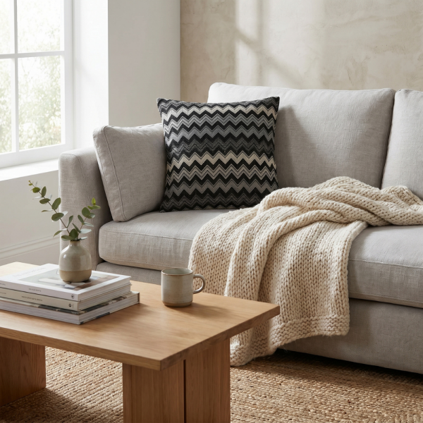 Siyah Beyaz Klasik Zigzag Desenli Dekoratif Yastık