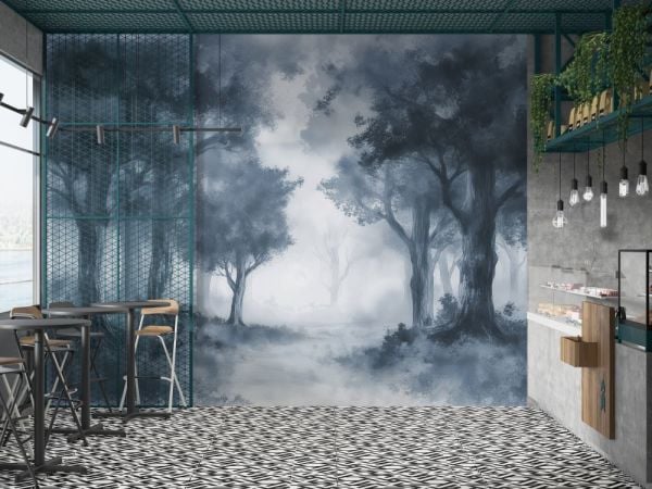 Derin Mavi Orman Puslu Duvar Kağıdı