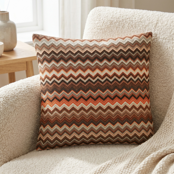 Tarçın Tonlu Etnik Zigzag Desenli Dekoratif Yastık