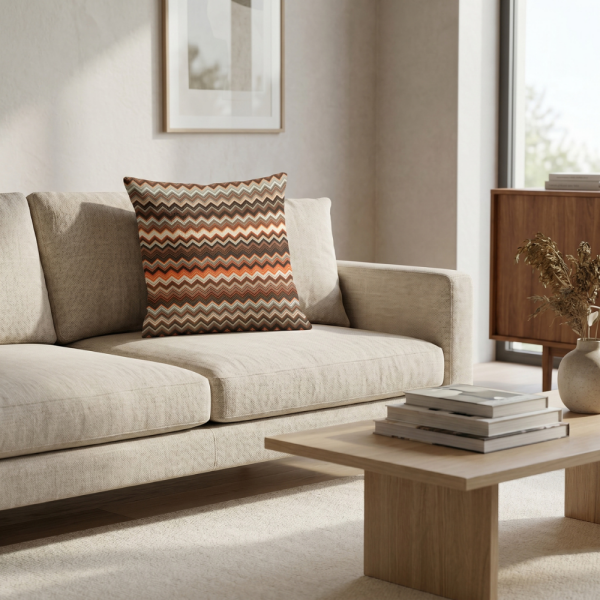 Tarçın Tonlu Etnik Zigzag Desenli Dekoratif Yastık