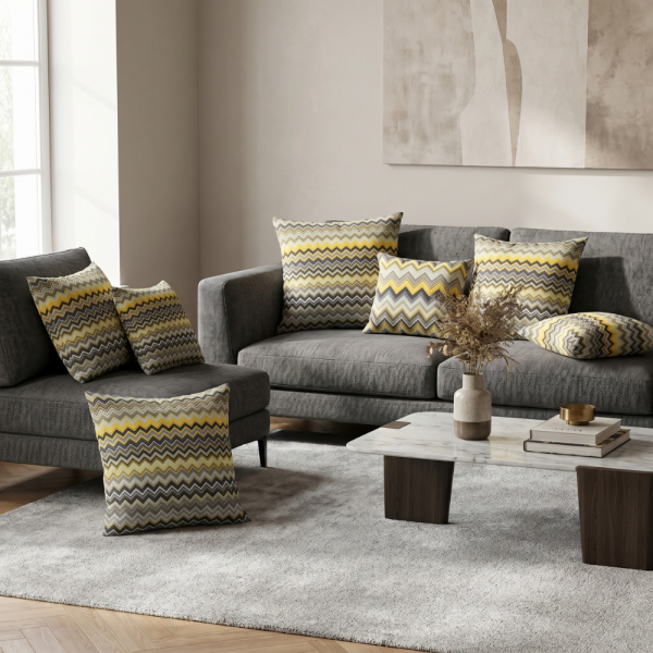 Hardal Gri Modern Zigzag Desenli Dekoratif Yastık