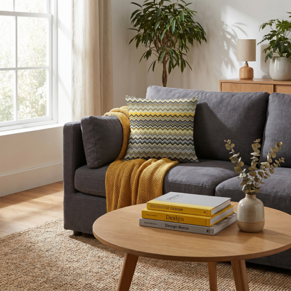 Hardal Gri Modern Zigzag Desenli Dekoratif Yastık