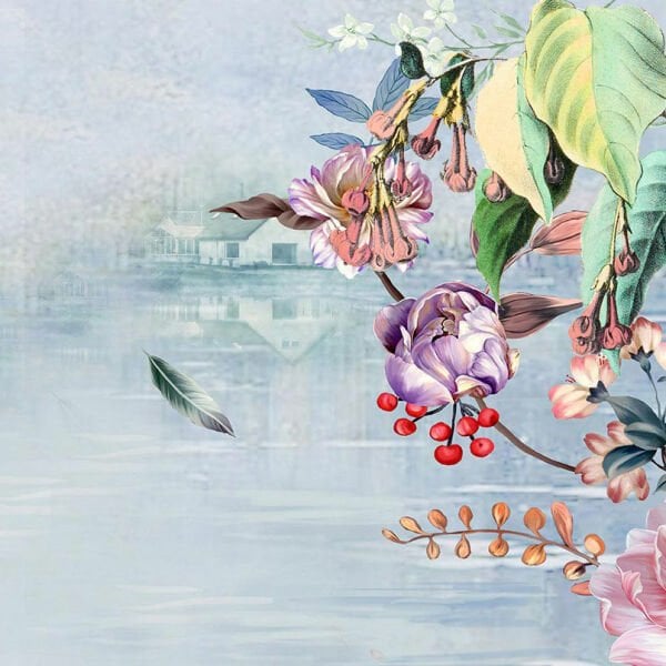 Göl Manzarası Rengarenk Yapraklar Kuşlar ve Kelebek Duvar Kağıdı