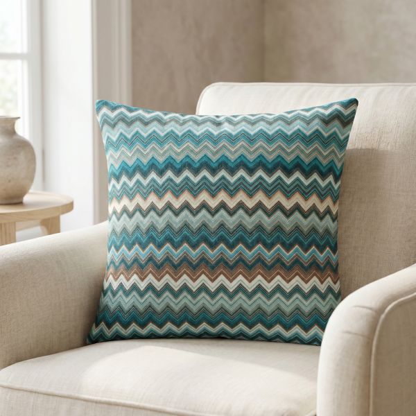 Turkuaz Bej Etnik Zigzag Desenli Dekoratif Yastık