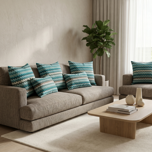 Turkuaz Bej Etnik Zigzag Desenli Dekoratif Yastık