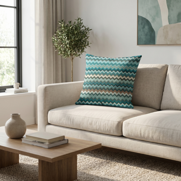 Turkuaz Bej Etnik Zigzag Desenli Dekoratif Yastık