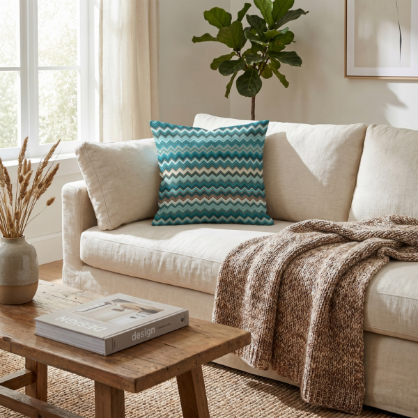 Turkuaz Bej Etnik Zigzag Desenli Dekoratif Yastık