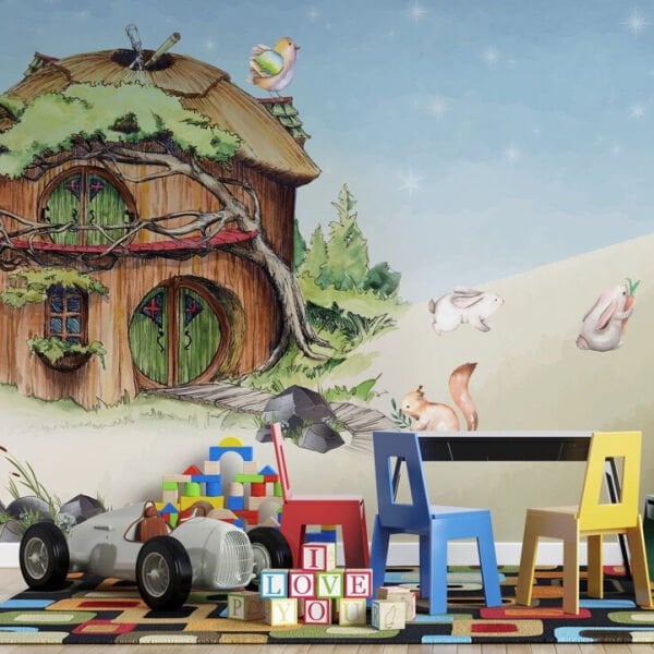 Uva Ağaç Ev Teddy Ayıcık Ailesi Duvar Kağıdı