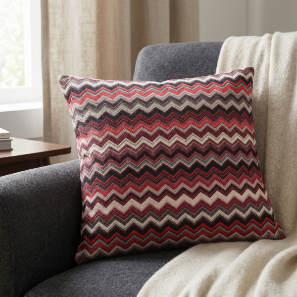 Kırmızı Antrasit Etnik Zigzag Desenli Dekoratif Yastık
