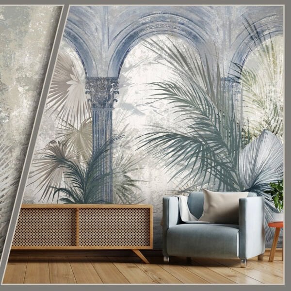 Mavi Kahve Sütunlar Tropik Yapraklar Duvar Kağıdı