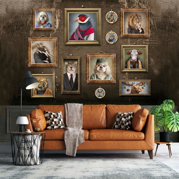 Kahverengi Zemin Çerçeveler İçinde Hayvan Portreleri Duvar Kağıdı