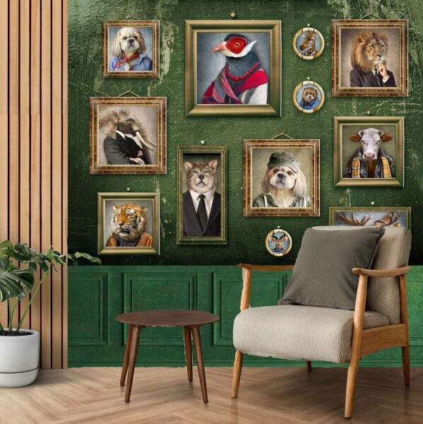 Yeşil Zemin Çerçeveler İçinde Hayvan Portreleri Duvar Kağıdı
