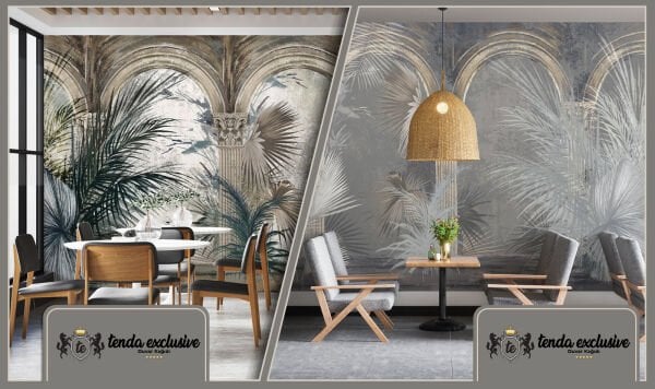 Gri Kahve Eskitme Sütunlar Tropik Yapraklar Duvar Kağıdı