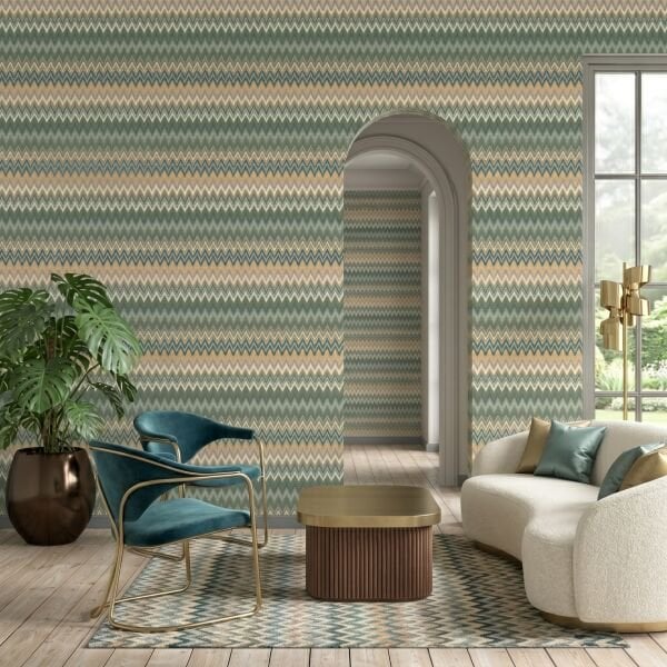 Missoni Home 1 Sarı Yeşil ZigZag Multicolore Vinil Duvar Kağıdı