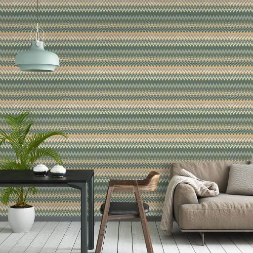 Missoni Home Sarı Yeşil Mavi Zig Zag Desenli Duvar Kağıdı