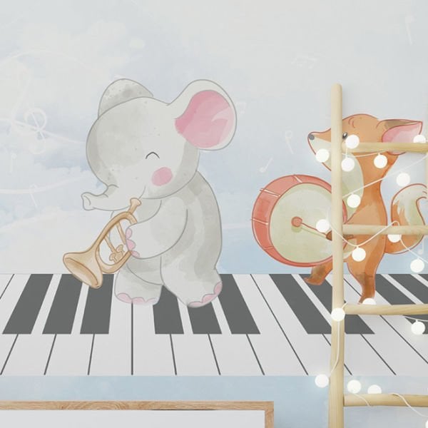 Piyano Üzerinde Fil Tavşan Mavi Fon Duvar Kağıdı