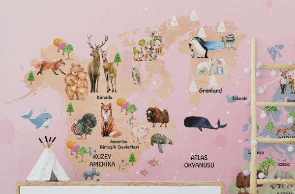 Hayvan Desenli Dünya Haritası Duvar Kağıdı