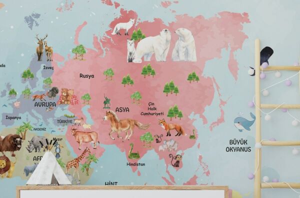 Hayvan Desenli Dünya Haritası Duvar Kağıdı