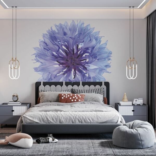 Sulu Boya Mavi Tek Çiçek Duvar Kağıdı