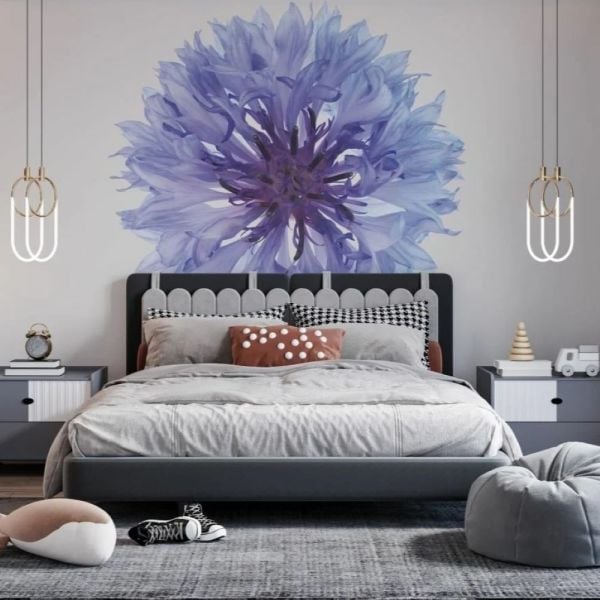 Sulu Boya Mavi Tek Çiçek Duvar Kağıdı