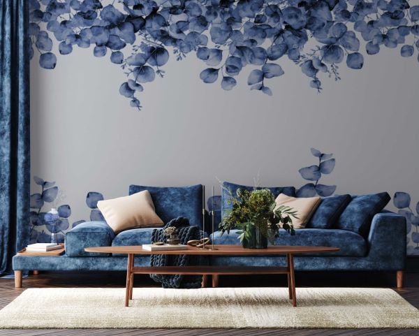 Uva Suluboya Efektli Okaliptüs Lacivert Yaprakları Duvar Kağıdı