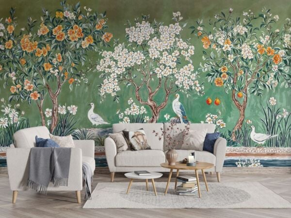 Doğanın Zarafeti El İşi Çini Stilinde  Duvar Kağıdı