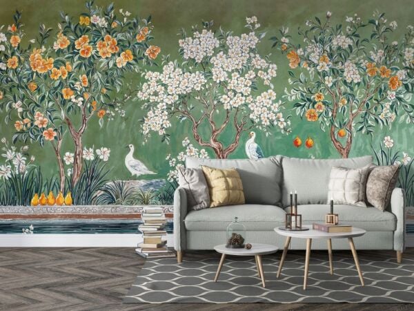 Doğanın Zarafeti El İşi Çini Stilinde  Duvar Kağıdı